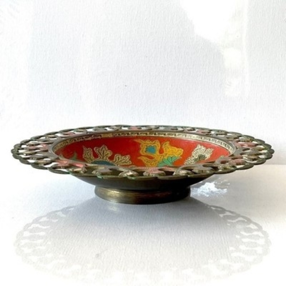 Antique Indian Hand-Painted Metal Gupta Bowl Plate 8.3" Collectible Very Good - Picture 2 of 3